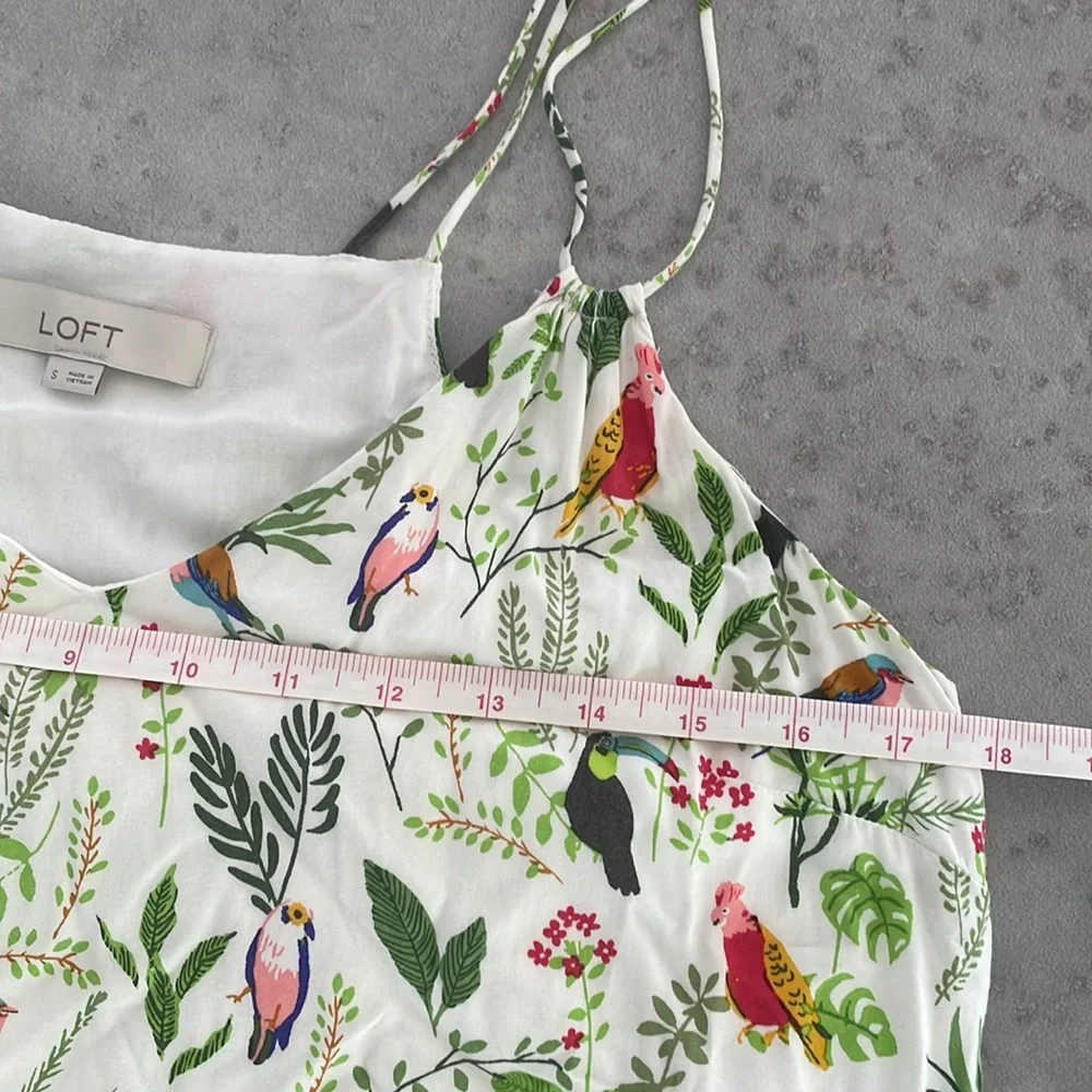 LOFT Jungle Birds Tropical Print Ruffle Double Strap Lined Dress Cover Up size S - Picture 10 of 11